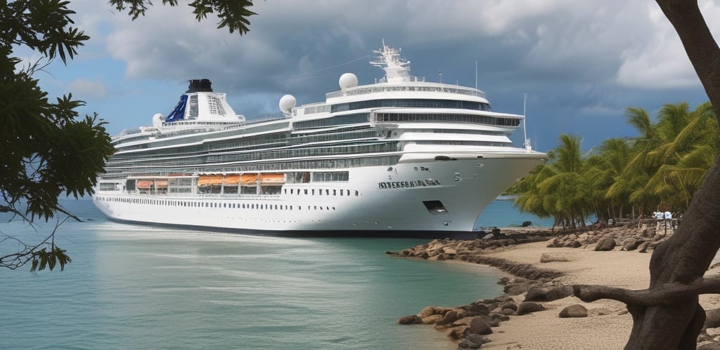 A vibrant aerial view of Neiafu’s bustling market and surrounding villages under a clear blue sky.