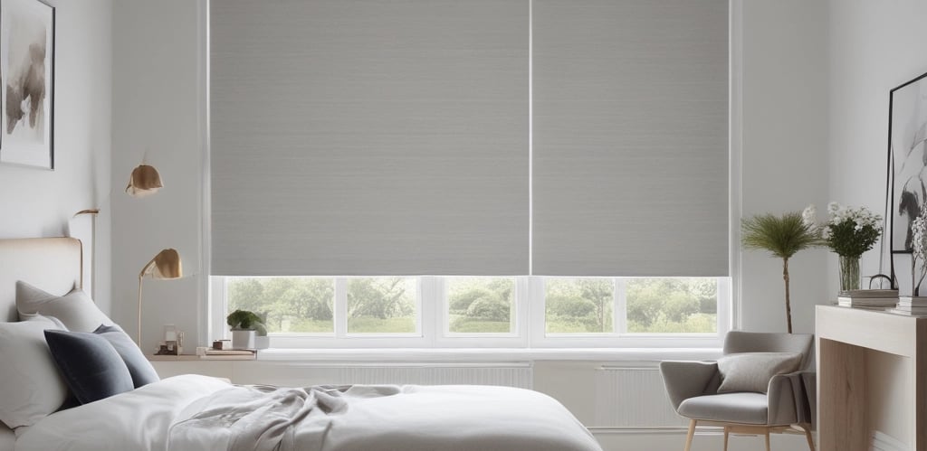 Cozy modern living room bathed in natural light with decorative fabric blinds partially drawn over large windows.