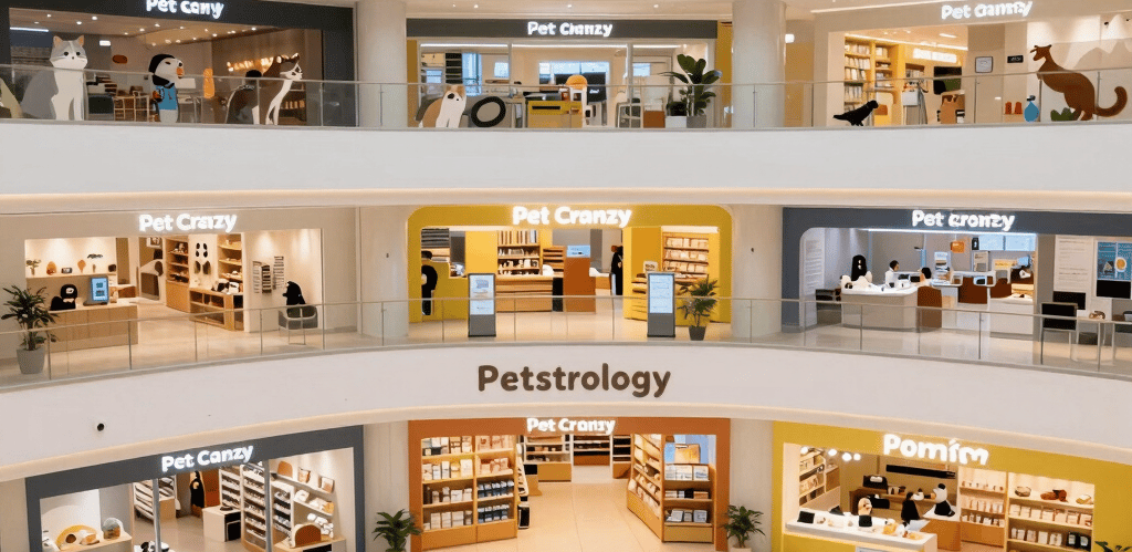 A vibrant, bustling multi-level pet mall with happy pets and owners exploring shops, a pet library, and a lively food court.