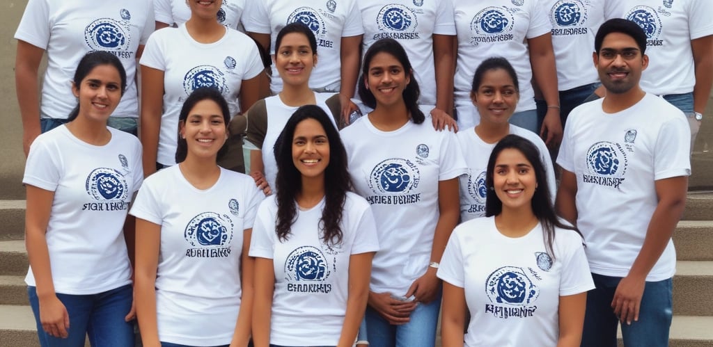 A warm, welcoming group of diverse volunteers working together in a Nepalese village, framed by gentle Islamic geometric patterns.