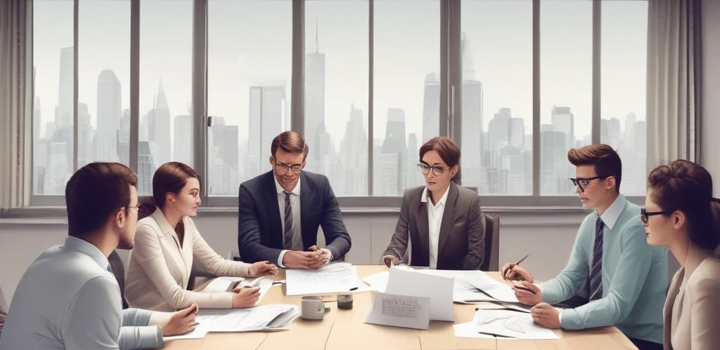 A professional consultant discussing business strategies with a client in a modern office.