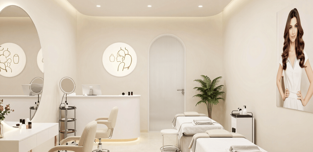 A serene, softly lit salon interior featuring blush pink and gold accents with a welcoming styling station.