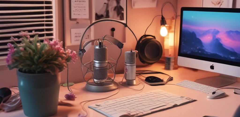 A cozy workspace with headphones, a microphone, and soft lighting reflecting the intimate audio creation process.