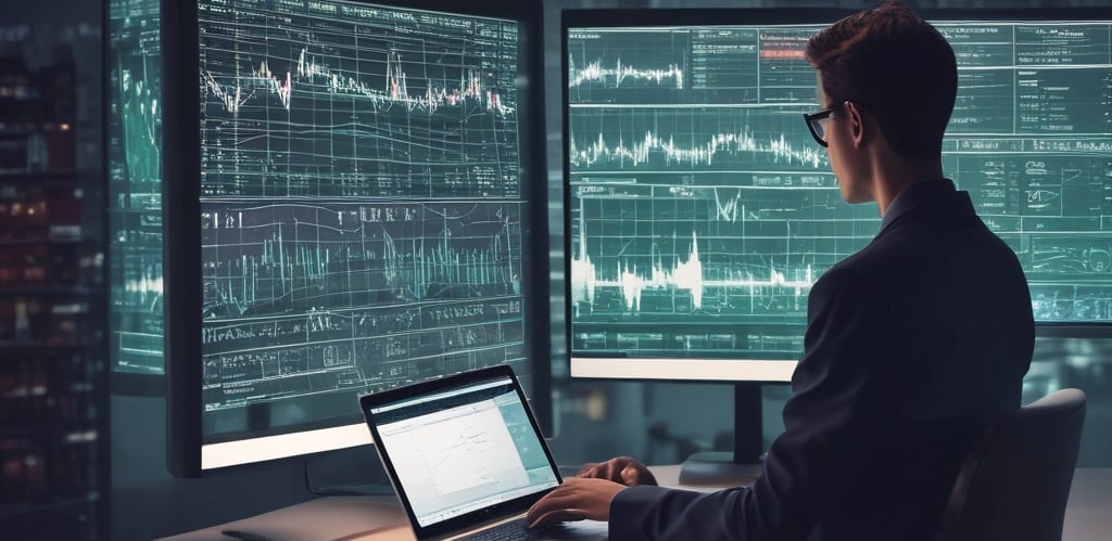 A focused trader analyzing real-time market data on multiple screens in a sleek, modern workspace.