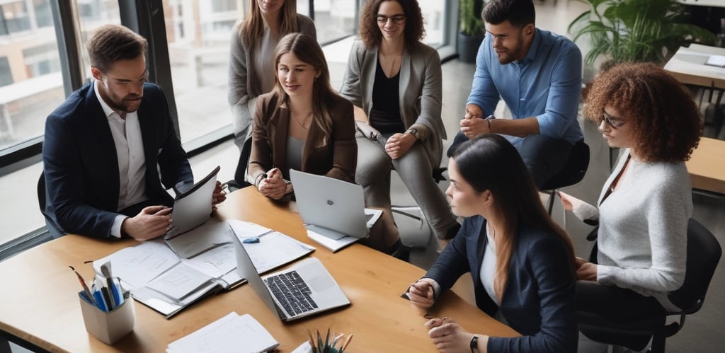 A diverse group of professionals collaborating in a modern office setting.
