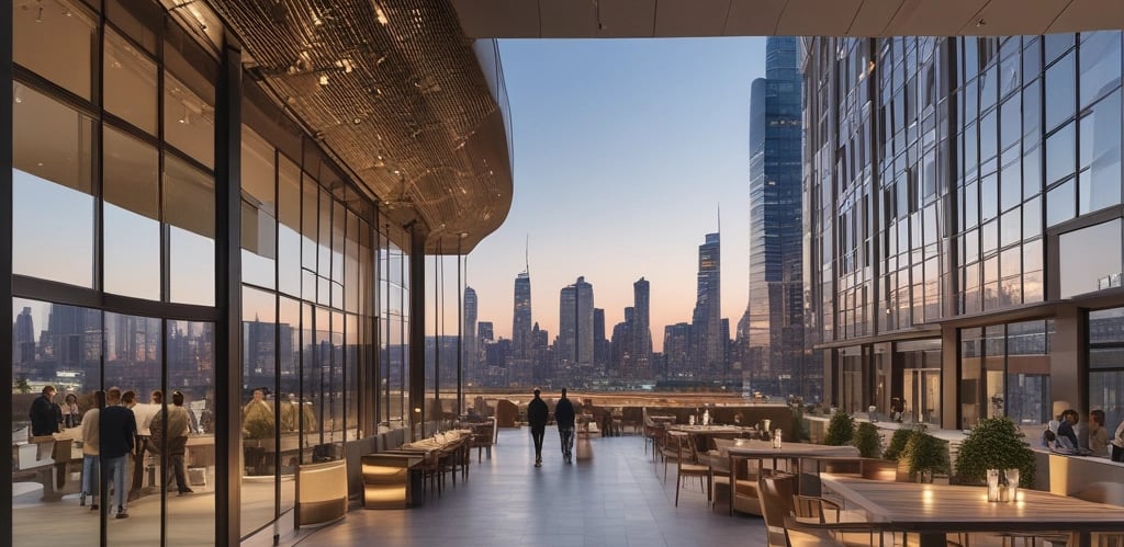 A bustling mixed-use development with people enjoying outdoor cafes, green spaces, and modern buildings.