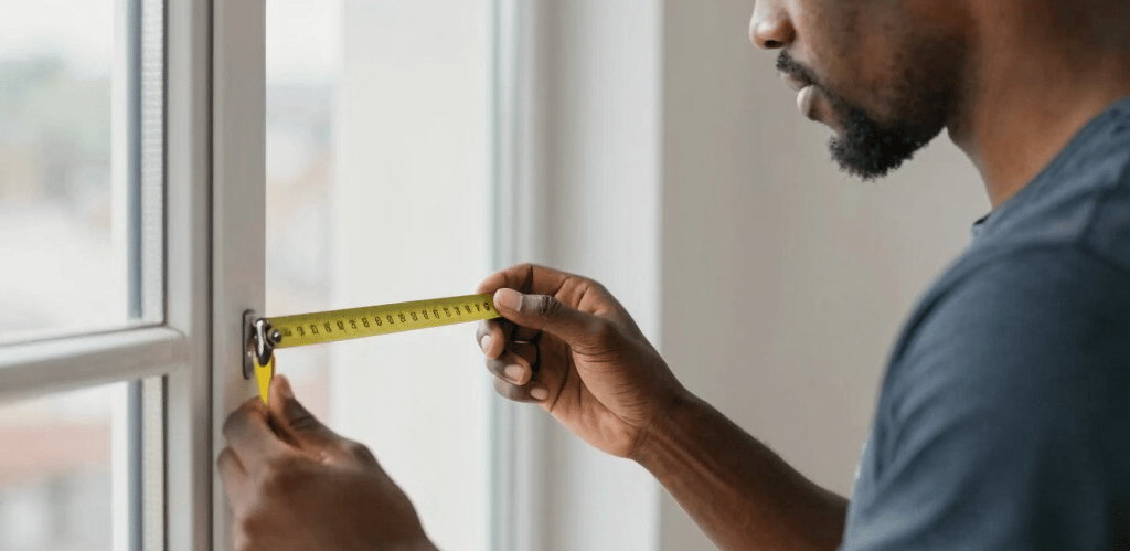 A skilled craftsman measuring and fitting custom blinds in a bright, modern Angolan home.