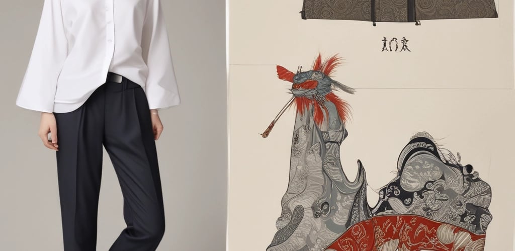 A minimalist flat-lay of tbh boutique’s signature red-accented clothing pieces arranged on a clean white background with delicate Chinese pattern shadows.