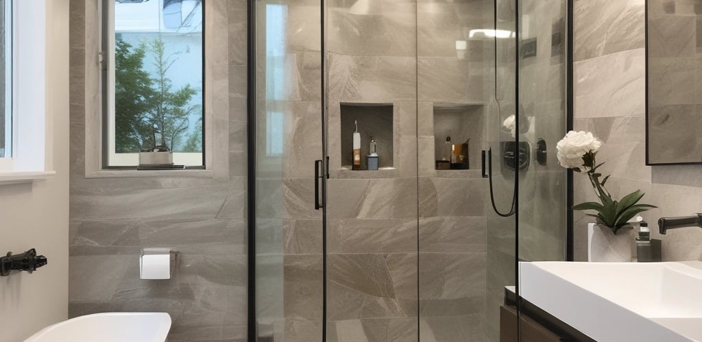 A beautifully remodeled bathroom featuring crushed stone shower surrounds.