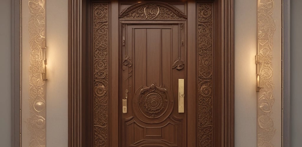 A warm, modern interior featuring a beautifully crafted wooden door framed by subtle lighting and elegant wood tones.