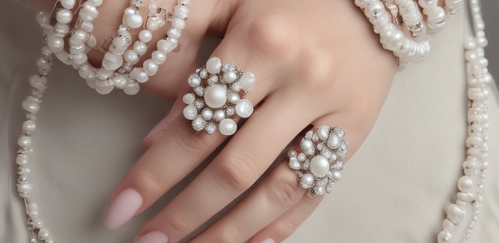 Close-up of artisan hands stringing pearls and beads into a delicate necklace in a warm, softly lit workshop.