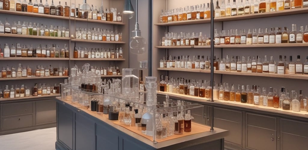 A warm, inviting photo of the Duft GmbH & Himmel family team in their workshop surrounded by perfume bottles and raw ingredients.