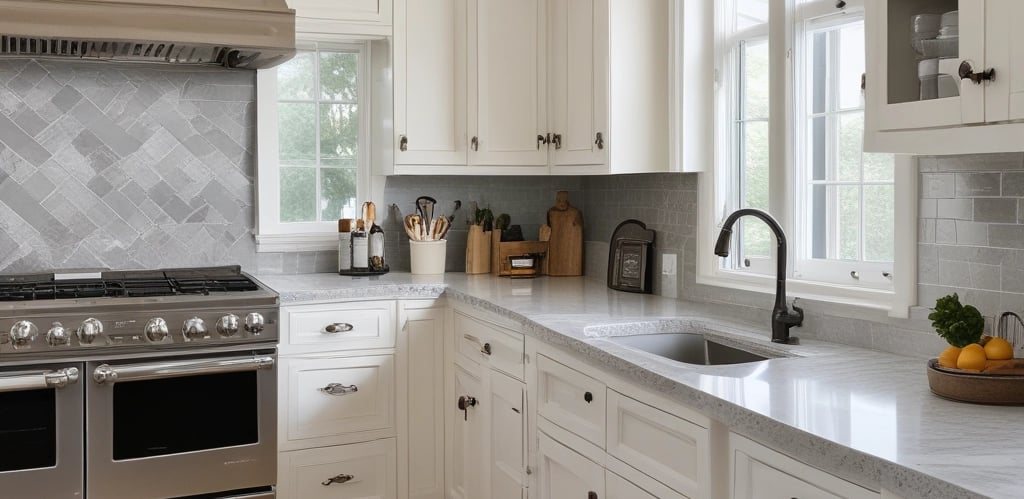 A skilled construction team installing custom cabinetry in a bright, modern kitchen under warm natural light.