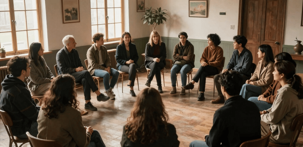 A lively group of diverse business people exchanging ideas and shaking hands at a networking event.
