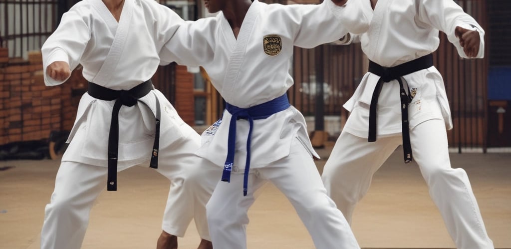 A diverse group of beginners practicing martial arts moves in a bright, welcoming dojo.