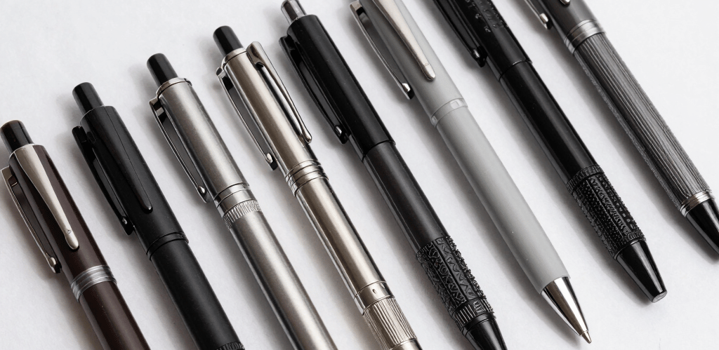 Close-up of a finely laser-engraved pen resting on a wooden desk with soft natural light.