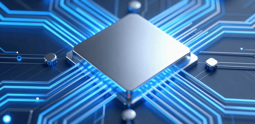 A sleek, glowing molecular structure intertwined with metallic circuit patterns, symbolizing biotech and technology fusion.