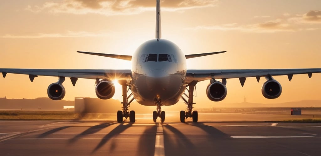 A sleek cargo plane soaring above a glowing sunset, symbolizing swift international connections.