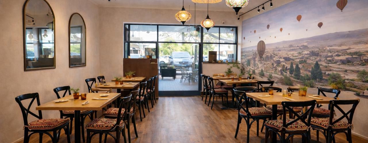 restaurant setup in dark wood theme style