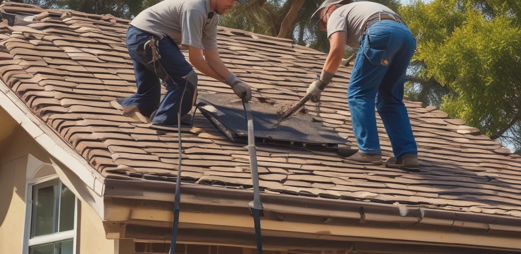 A professional roofing team inspecting a roof in California.