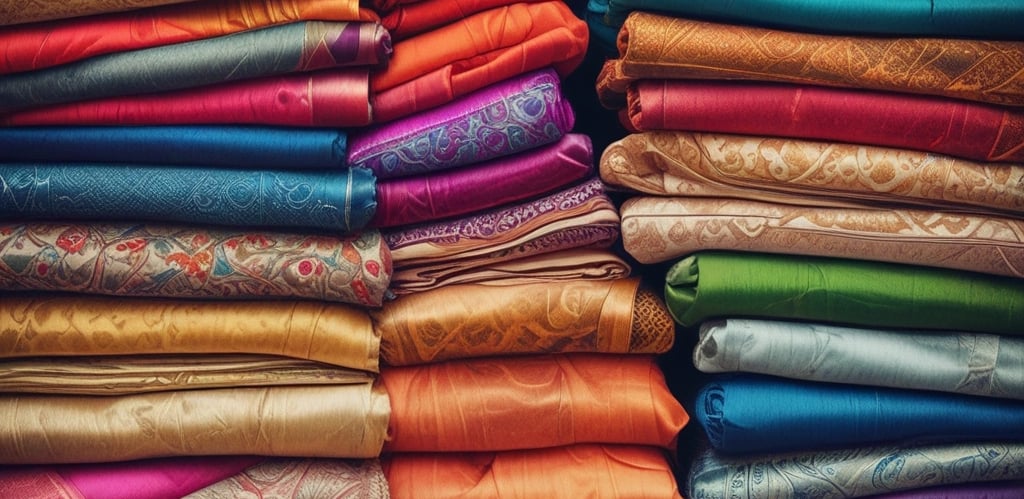 A warm shop interior showing folded silk sarees and a friendly shopkeeper ready to assist customers.