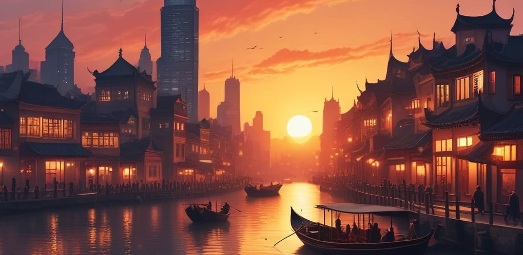 A serene boat gliding through the canals of Zhujiajiao ancient town with traditional houses lining the waterway.