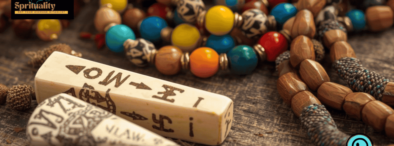 Traditional African spirituality beads and carved divination tools on a rustic wooden background.