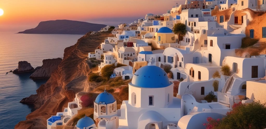 A warm Greek island sunset with soft orange skies over the sea, framed by olive trees and a quiet village.