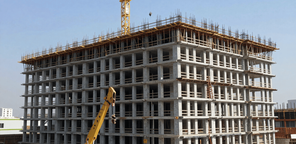 Construction workers collaborating on a detailed building plan at a lively construction site.