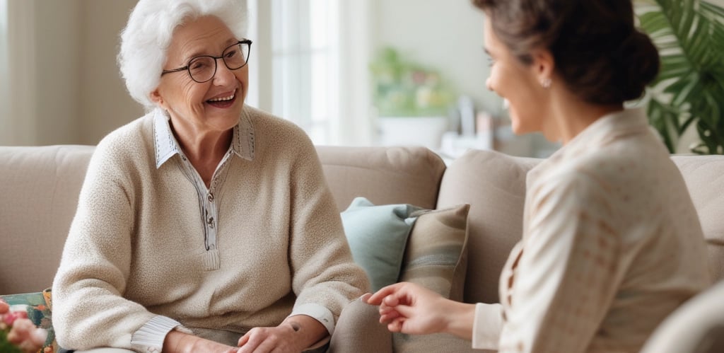 A warm, inviting living room with sunlight streaming in, showing a senior comfortably reading a book.