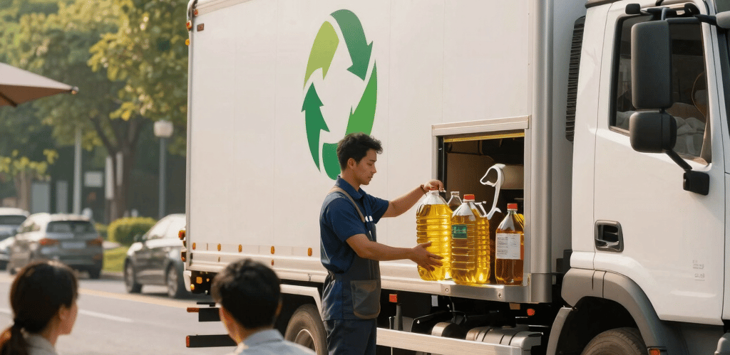 Premium eco-friendly collection service, modern branded truck collecting used cooking oil containers