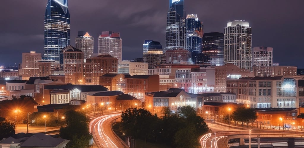 A stunning view of Nashville, Tennessee at night, showcasing illuminated buildings and vibrant city lights.