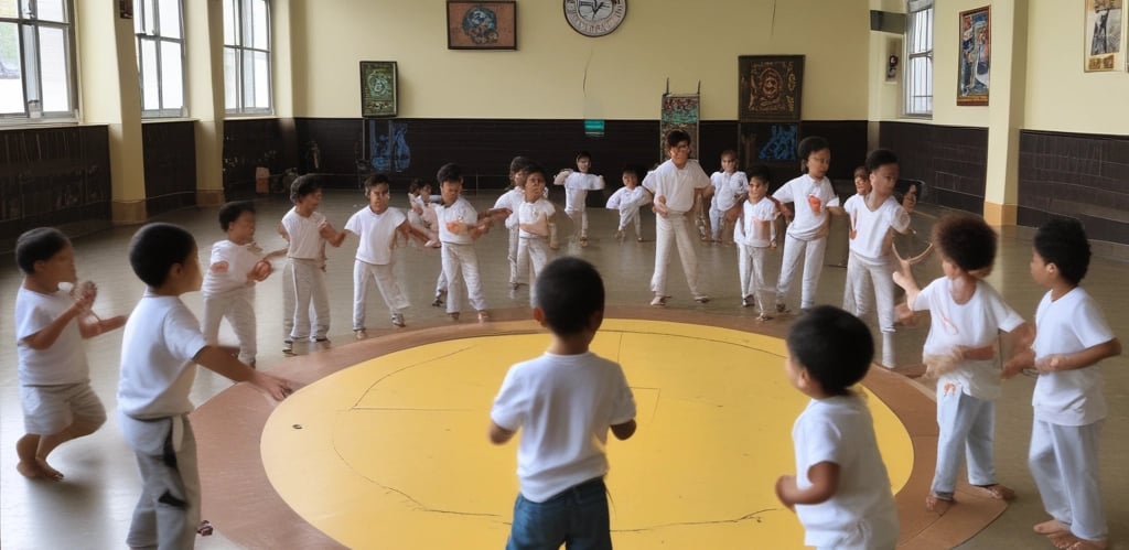 Children and teenagers joyfully practicing capoeira in a vibrant community setting.