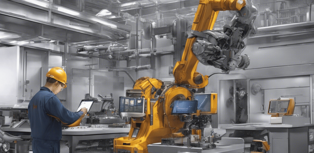 A 3D-rendered image of a green circuit board depicting various electronic components, including a central purple chip with a symbol, multiple smaller chips, capacitors, and resistors. The board features intricate gold circuitry pathways.