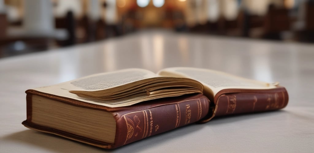 A mosaic-tiled surface holds a plastic cup of iced coffee next to a book titled 'Catechism of the Catholic Church, Second Edition'. The background features a neutral-toned wall.
