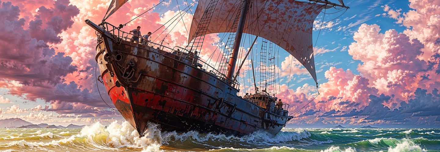 a painting of a ship in the ocean