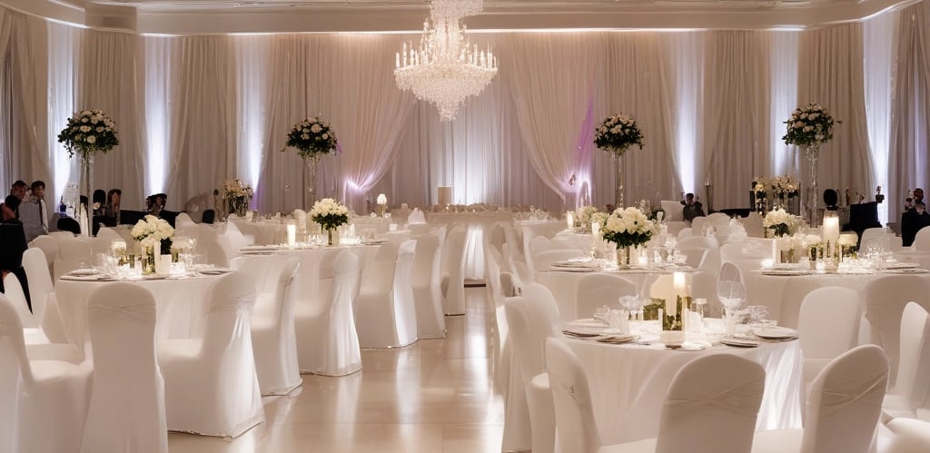 A setup of round tables and chairs covered in white cloth is arranged outdoors on a patch of green artificial turf. Multiple serving stations or buffet tables are positioned in the background under white tents. The setting is adjacent to a brick building.