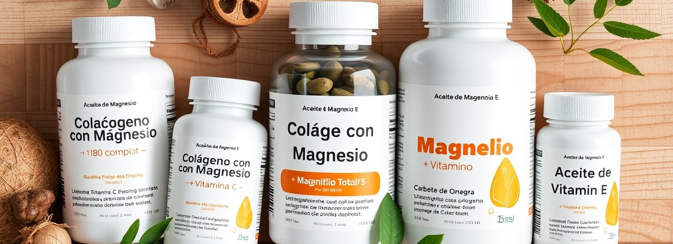 Cinco botellas blancas de suplementos y vitaminas como Colageno con Magnesio, Vitamina E