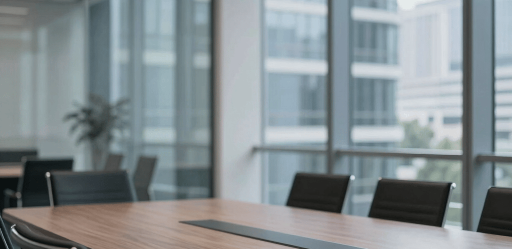 A professional senior consultant in a navy suit reviewing documents in a sleek, modern office with minimalist design.