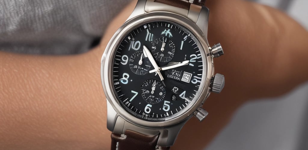 A silver luxury wristwatch with a dark, detailed dial featuring multiple sub-dials and a metal bracelet is placed on a wooden surface. The watch has a polished bezel and luminous hour markers, and the watch hands are prominently visible.
