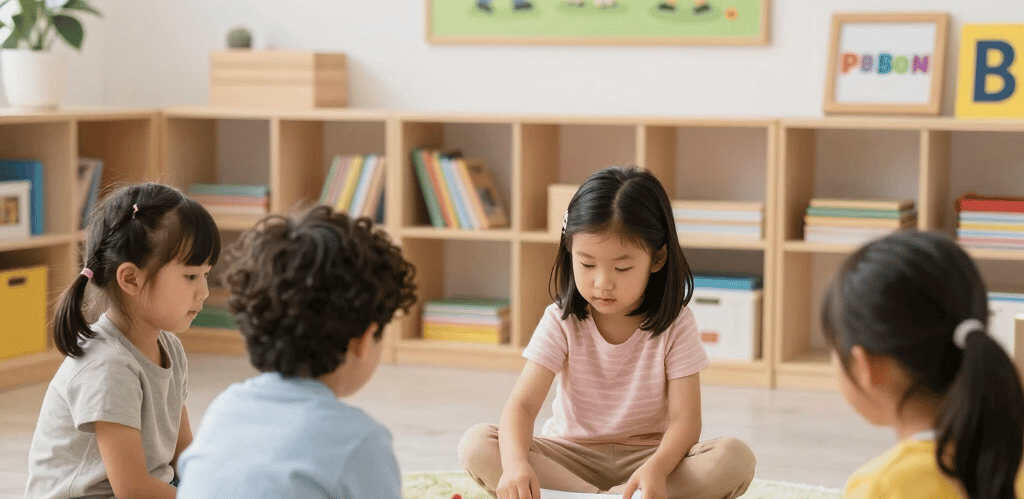 A cheerful expat teacher using a laptop while sitting under cherry blossom trees outside a Japanese kindergarten.