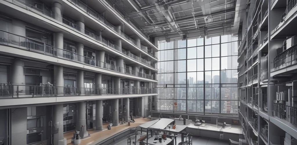 A detailed 3D digital model of a building with data overlays showing structural and environmental information.