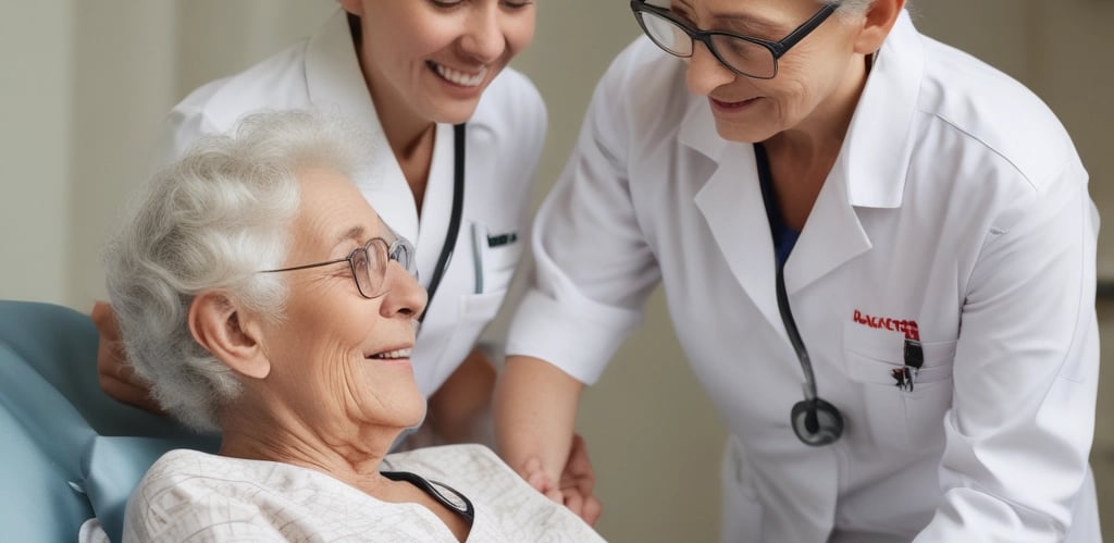 A warm, welcoming office environment with elderly individuals engaging with a friendly advisor.