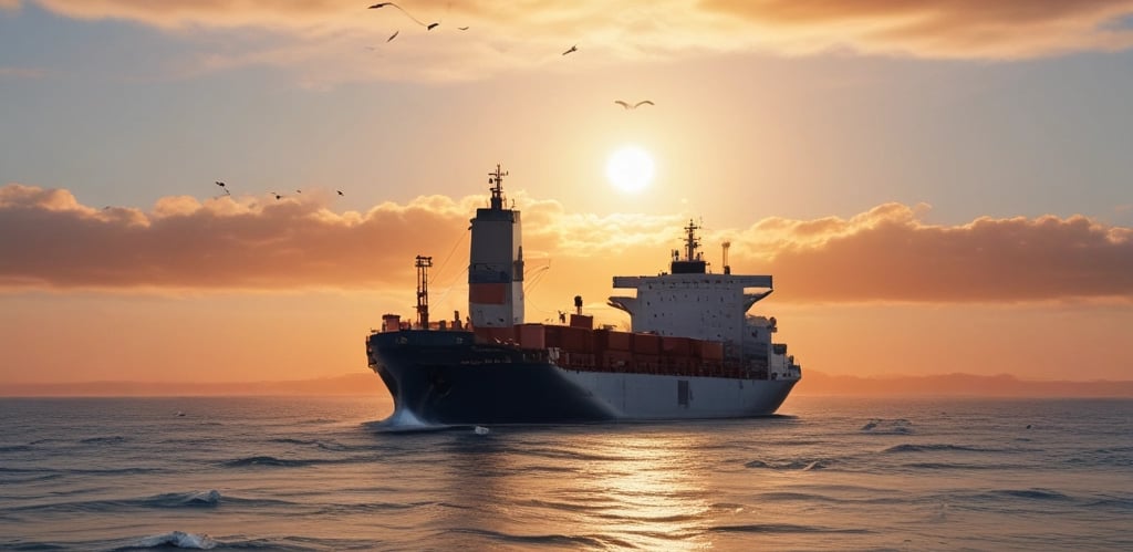 A cargo ship is sailing on a calm sea under a partly cloudy sky. The vessel is carrying a large number of shipping containers, stacked neatly on its deck, with some bearing visible logos. The ship cuts through the water, leaving a small wake behind.