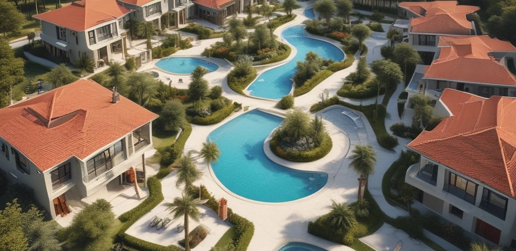 A tall, modern skyscraper with a sleek, geometric design features numerous windows and balconies. The foreground displays a sign advertising luxury penthouse suites with information on sales and rentals. Several small trees and flagpoles are lined up on the terrace, adding a touch of greenery to the urban setting.