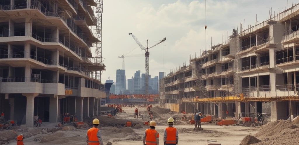 A construction site with workers coordinating and heavy machinery in action under a clear sky.