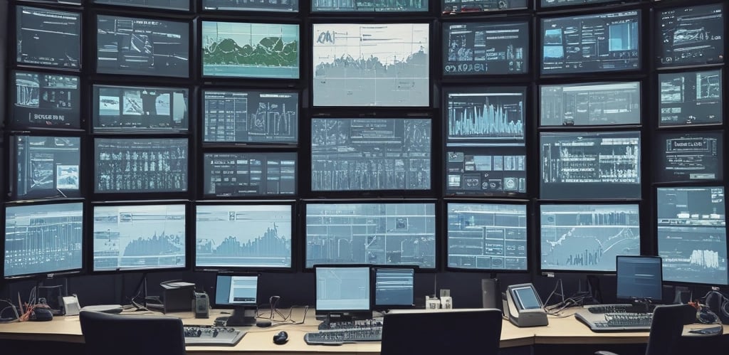 A network tester with a screen displaying data is placed on a server rack, surrounded by cables and networking equipment.