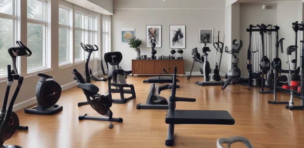 A well-lit home gym with wooden floors and beige walls is equipped with various exercise machines, including a bench press, stationary bike, and multi-gym station. A beige sofa is placed against one wall near an air conditioning unit and a small window.