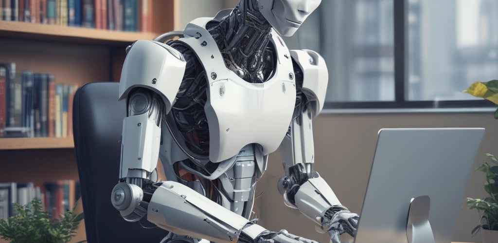 A small, round robot with a smooth white surface and blue accents operates a blue laptop on a sleek, floating platform. The robot has glowing eyes and an antenna on its head, with an 'AI' emblem on its front.