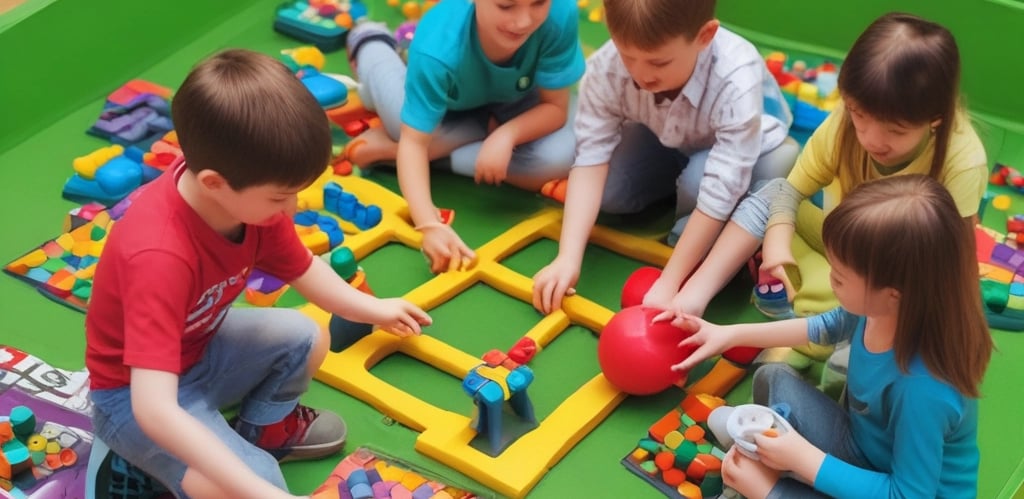 A large indoor playground with a giant figure resembling a child wearing a backpack, standing next to a large, twisting slide. The room has yellow walls with blue window graphics and a clock, and there are people using an escalator on the right. Additionally, there are toys and play structures on the green floor.